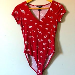 V-neck red floral print body suit